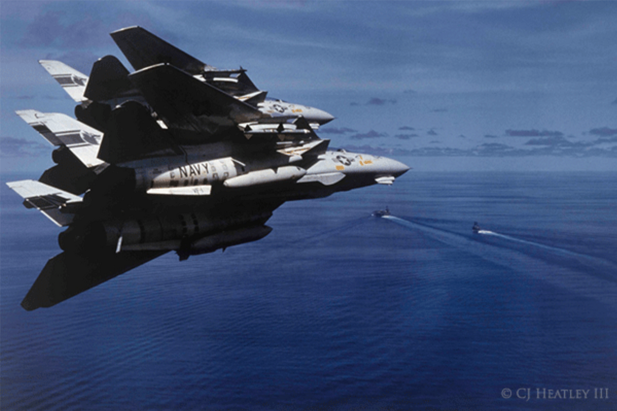 Two F-14 Tomcats in tight formation enter the break, photographed by C.J. "Heater" Heatley III